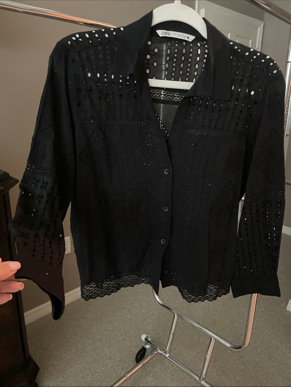Zara Black Eyelet Button-Down Shirt